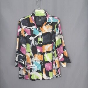 Ali Miles Jacket Womens Medium Multicolor Abstract Crepe Button Front Artsy